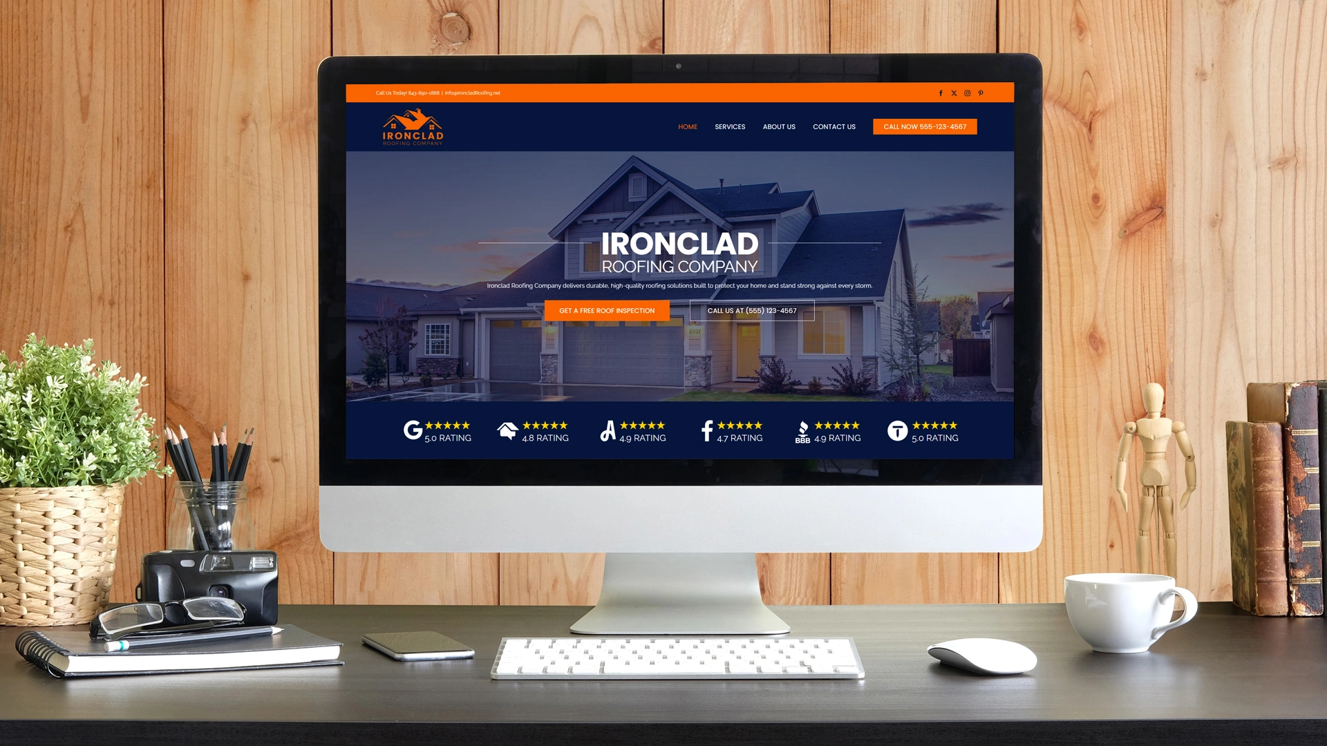 Ironclad-Roofing-Website-on-Desktop-4 Roofing Website Displayed on Desktop Computer